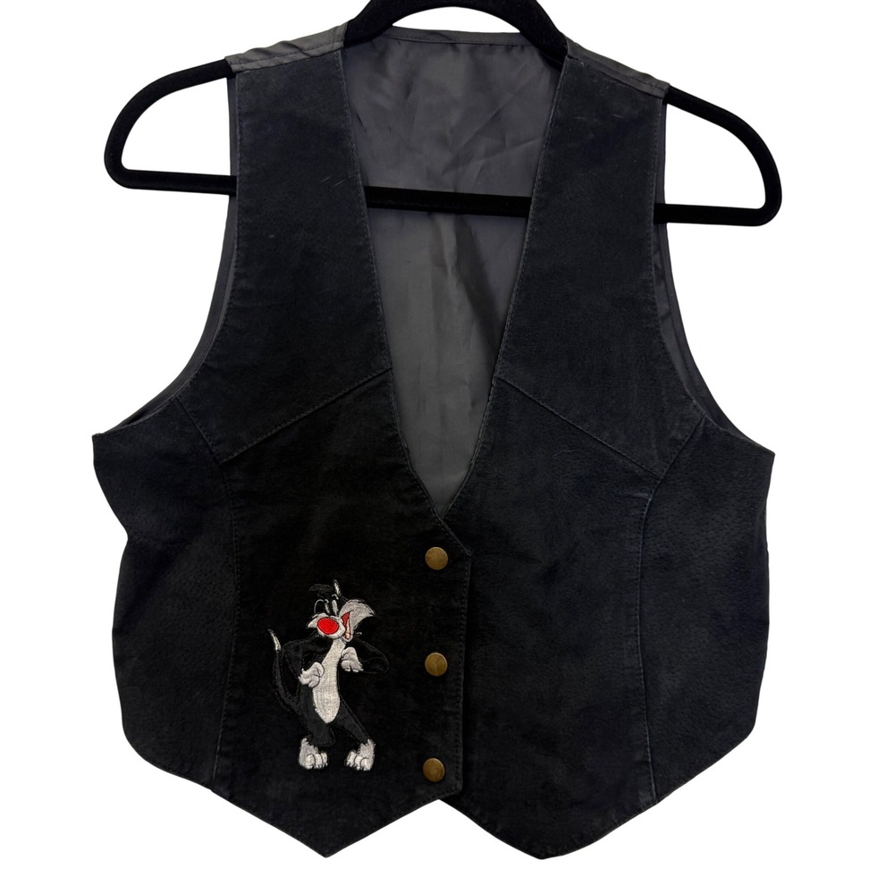 Vintage Looney Tunes Sylvester Cat Embroidered Black Suede Vest Size S/M